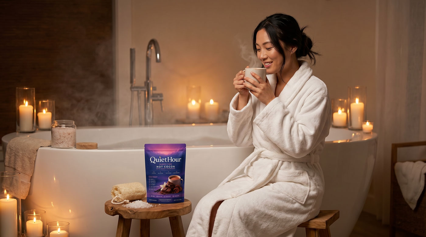 Woman in white robe enjoying QuietHour cocoa beside a candlelit bath